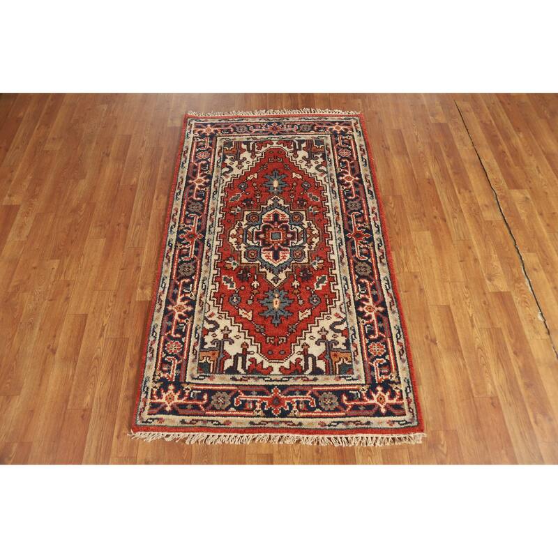 Hand Knotted Oriental 100% Wool Carpet Traditional Medallion Oranges & Rust Heriz (serapi) Area Rug - 5' 1'' X 3' 0''