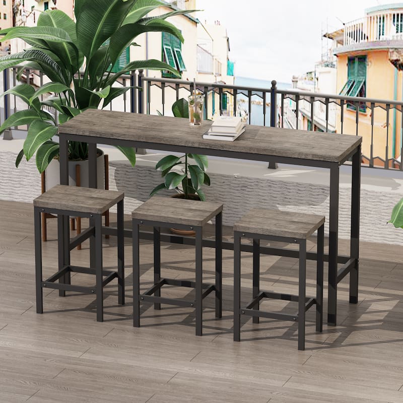 Long Dining Table Set with 3 Stools Pub Kitchen Set Side Table with Footrest