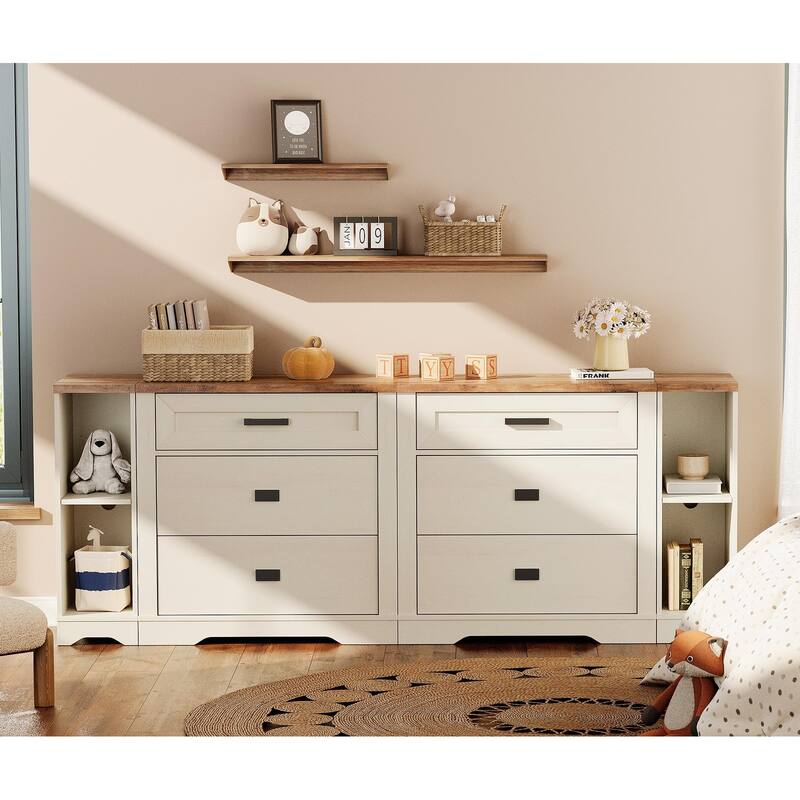 WAMPAT Farmhouse 4 in 1 Dresser TV Stand with 6 Drawers and Open Storage - Antique White