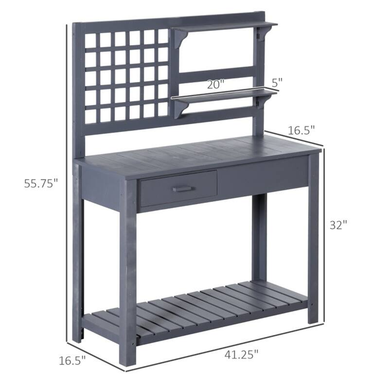 Grey Solid Wood Potting Table with Drawers Top Shelf and Bottom Storage for Gardening - 41.25" W x 16.5" D x 55.75" H