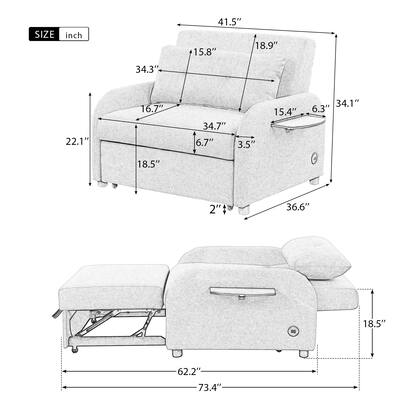 Pull out sofa sleeper 3 in 1 with 2 wing table side pocket and usb charge for nap line fabric for living room