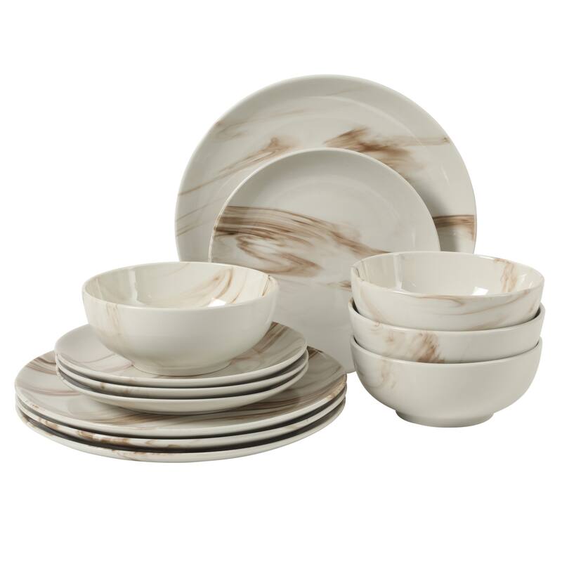 Gibson Home Cloudlight 12 Piece Plates and Bowls Dishes - Decorated Porcelain Ceramic Dinnerware Set - Service for 4 - Brown