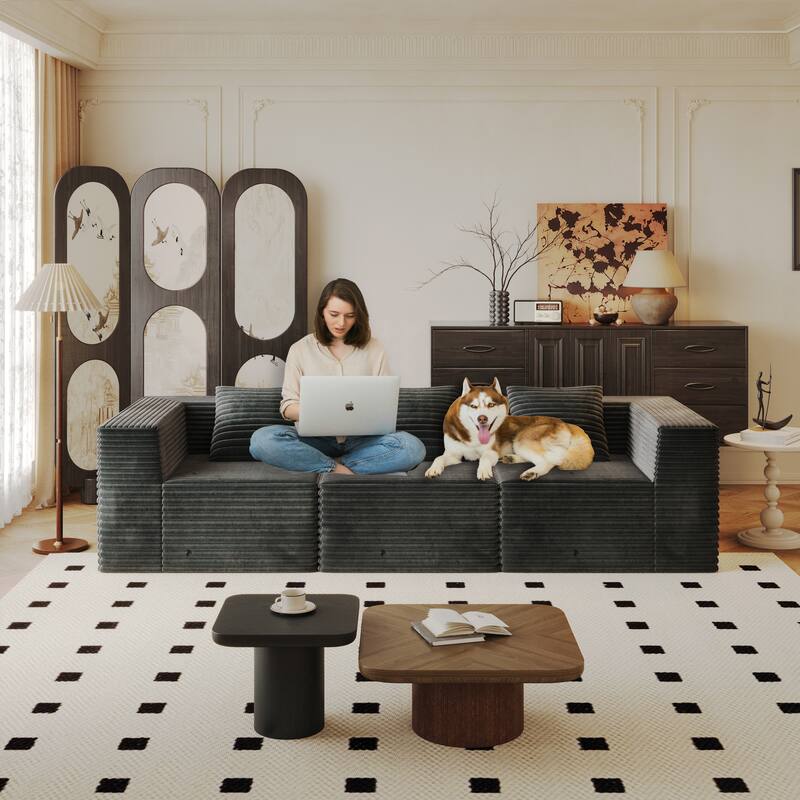 Corduroy Boneless Sectional Couch Floor Deep Seat Sofa with Pillows