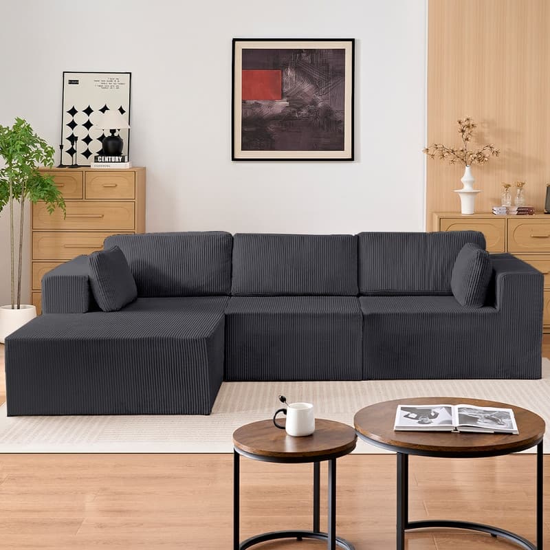 Mixoy 3-Pcs Free Combination Modular Sectional Sofas,Corduroy Compressed L-Shaped Sofa with Flexible Configuration - 3-Seater