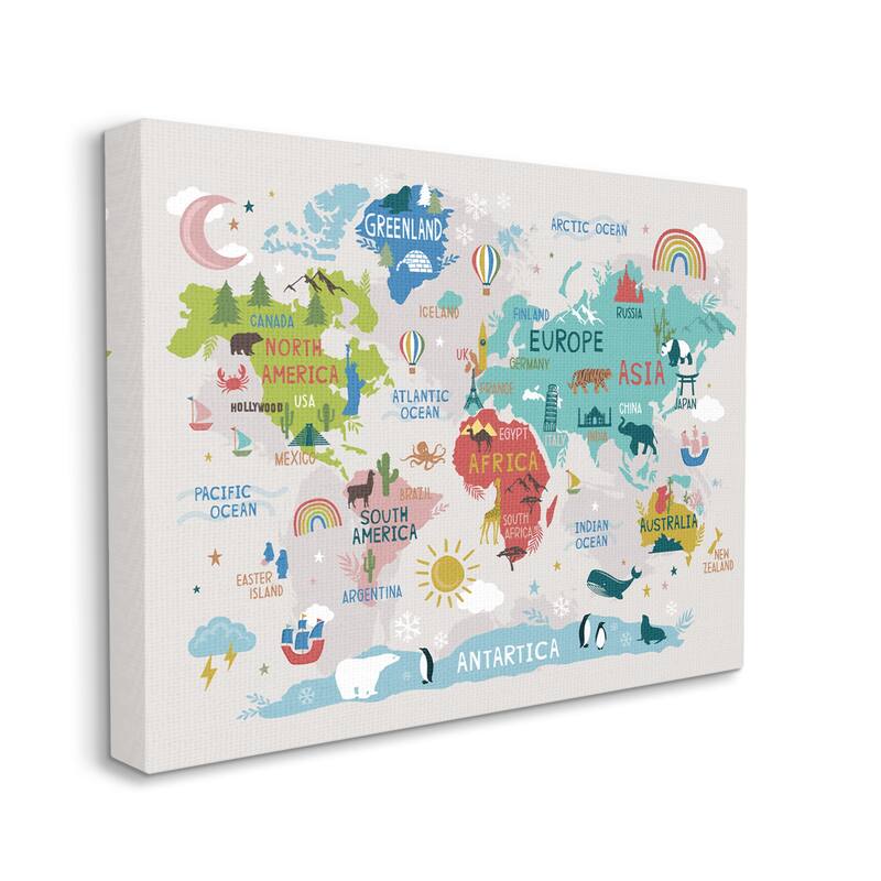 Stupell Landmarks & Wildlife Illustration World Map Diagram Chart Canvas Wall Art - Multi-Color