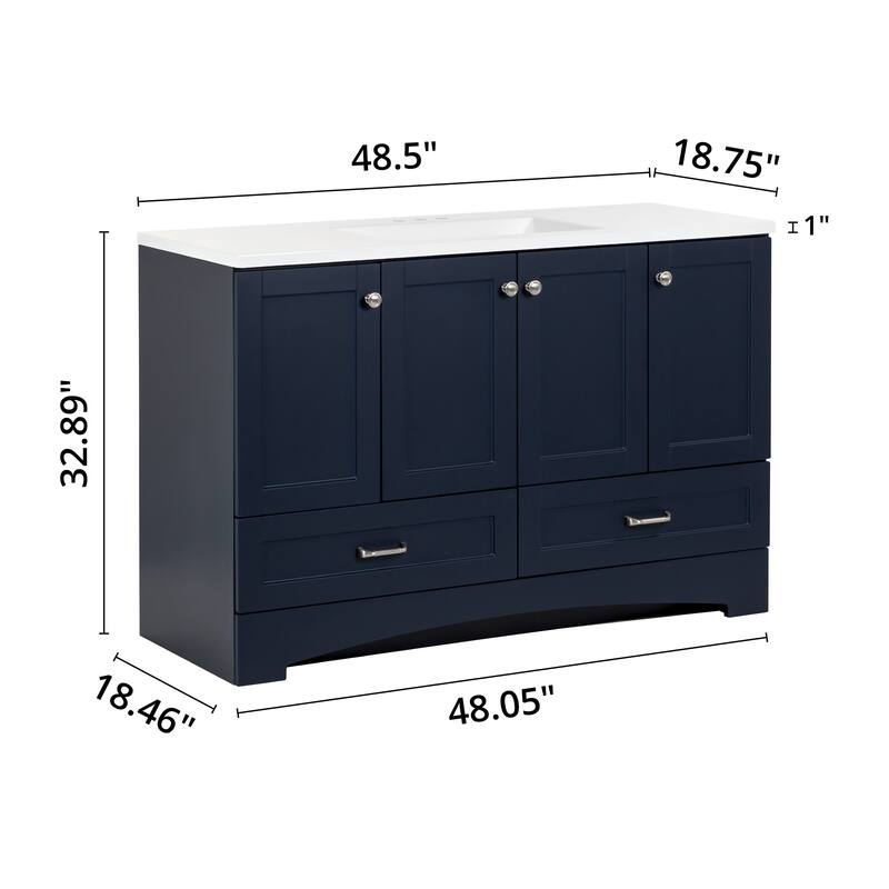 Spring Mill Cabinets Emlyn 48.5" Bathroom Vanity With Shelves, Drawers, and White Sink Top