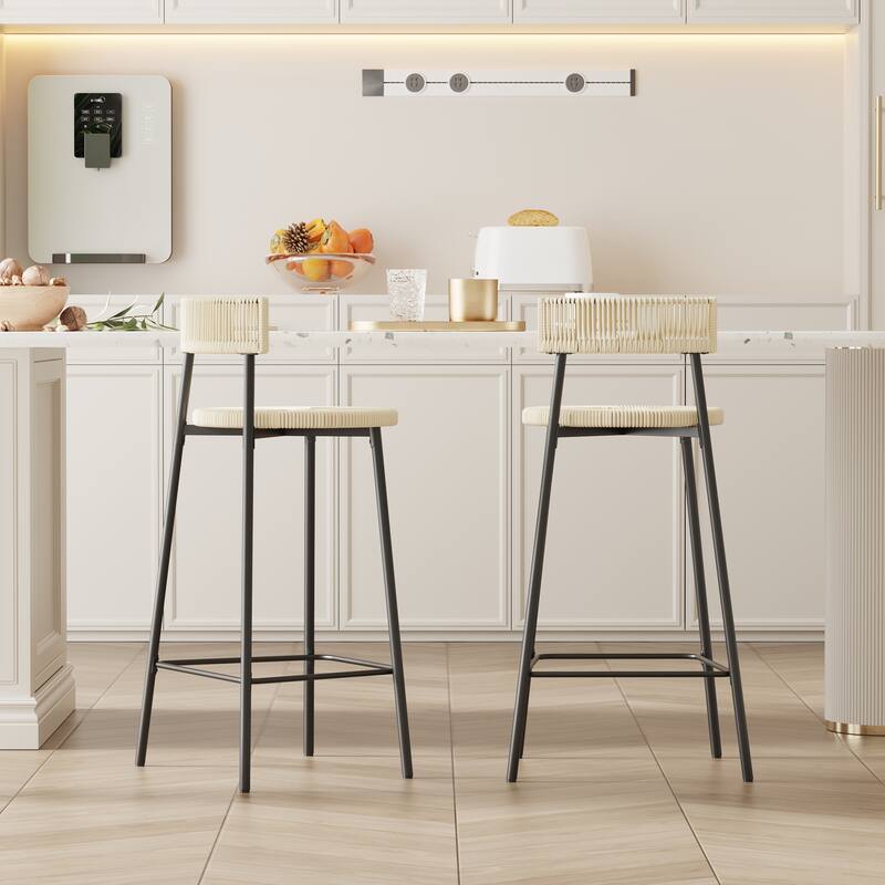 Handwoven Paper Rope Counter Stools Set of 2, Dining Chair with Back and Footrest, Kitchen Island Chair with Metal Frame