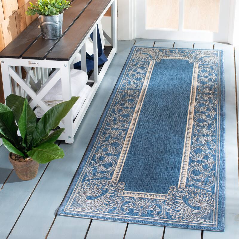 SAFAVIEH Courtyard Kitija Indoor/ Outdoor Waterproof Patio Backyard Rug - 2'3" x 10' Runner - Blue/Natural