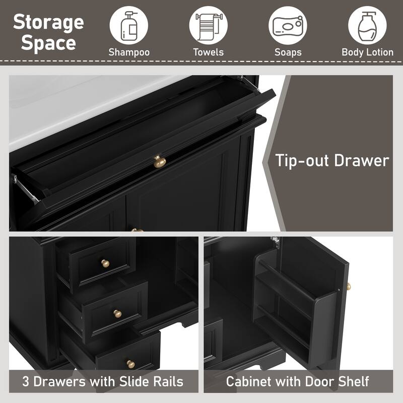 30" Bathroom Vanity with Sink, One Tip-out Drawer, Three Drawers, Door Shelf, Soft Closing Door, Black