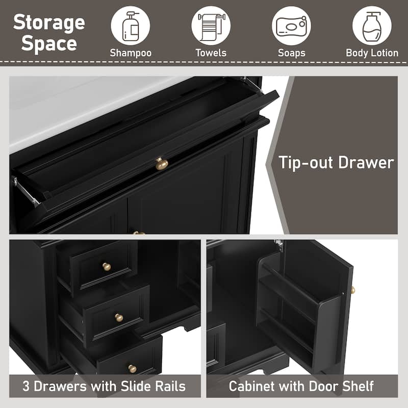 30" Black Bathroom Vanity with Ceramic Sink, 4 Drawers, Soft-Close Door Shelf and Tip-Out Drawer