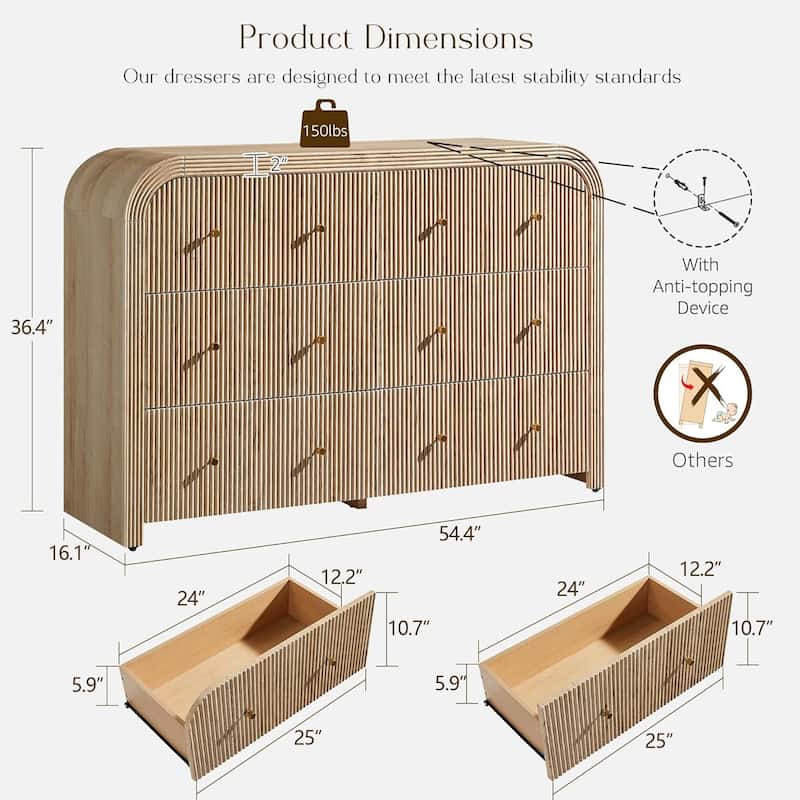 Modern Fluted 6 Drawers Dresser, Wood Chest of Drawers for Bedroom