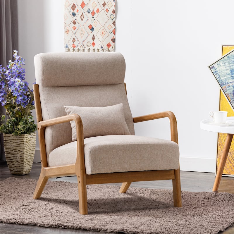 Upholstered Linen Blend Accent Chair with Wooden Legs and One Pillow - White
