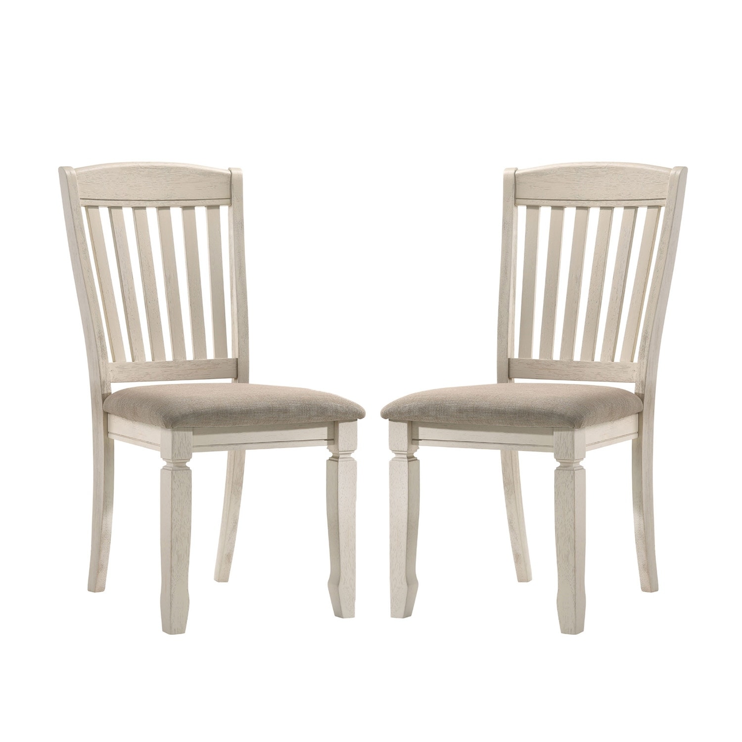 Set of 2 Dining Chairs with Slat Back, Tan Fabric and Cream Finish