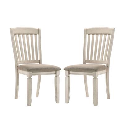 Set of 2 Dining Chairs with Slat Back, Tan Fabric and Cream Finish