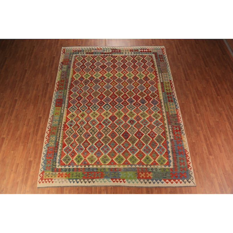 All-Over Trellis Kilim Oriental Area Rug Wool Carpet - 9'8"x 12'10"
