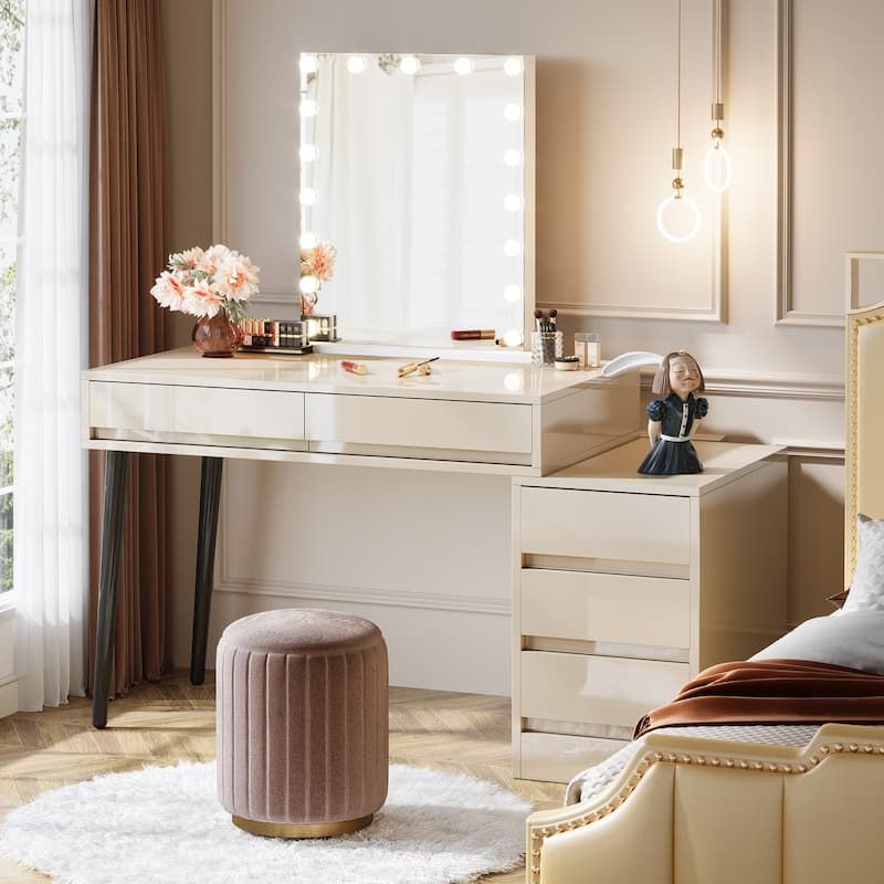 Reversible Vanity Desk with 5 Drawers, Glossy White Dressing Table