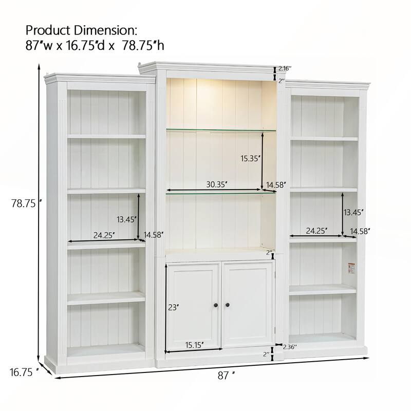78.75IN Tall 3-Pieces Bookcase Display Cabinet with 5-Color Adjustable LED Ceiling Light and Tempered Glass Shelves