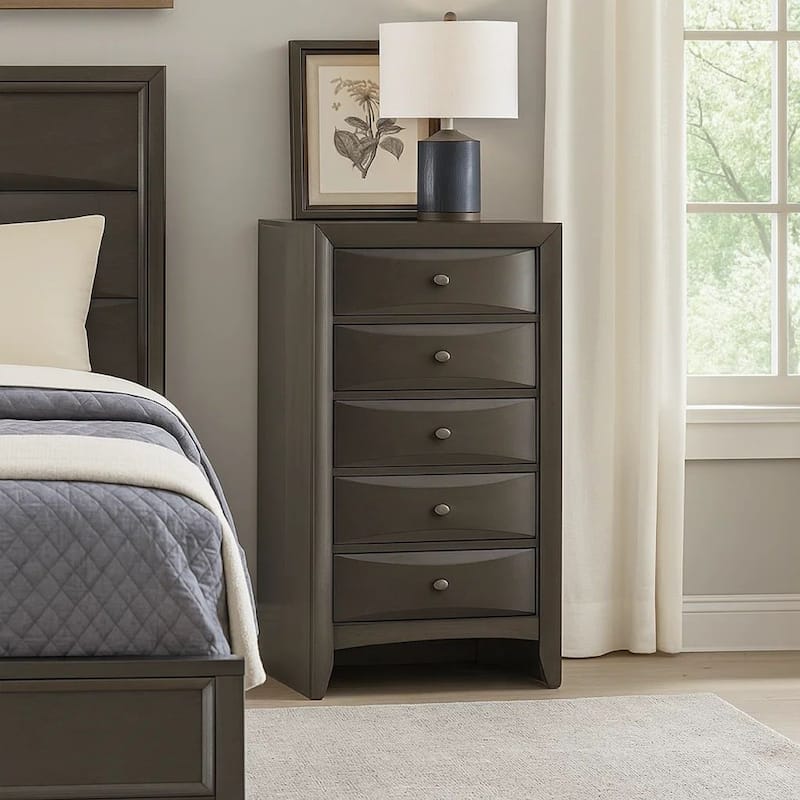 Simo Tall Dresser Chest, 5 Drawers, Chrome Handles, Modern Dark Gray