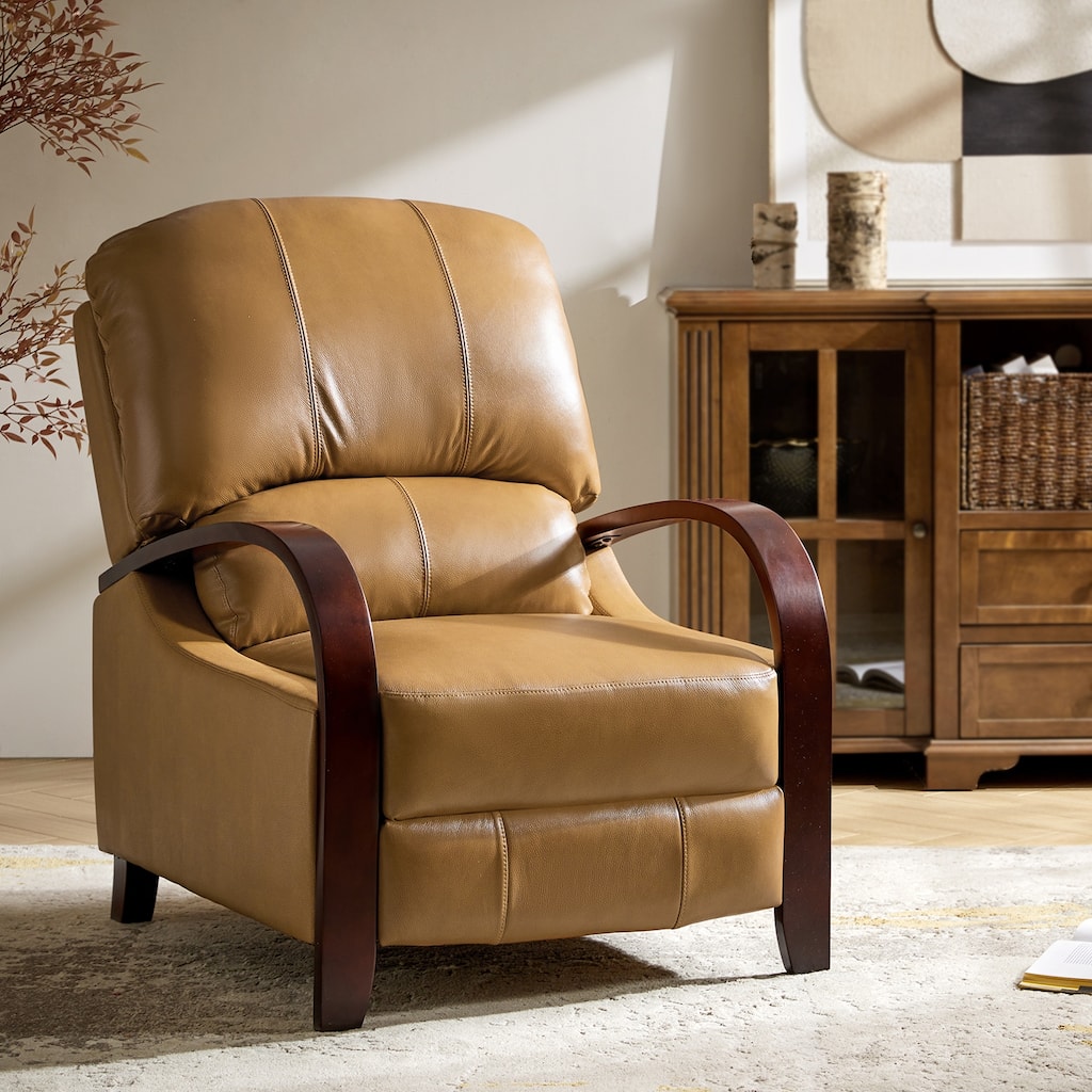 Alex Mid-century Modern Genuine Leather Manual Recliner with Wooden Curved Arms