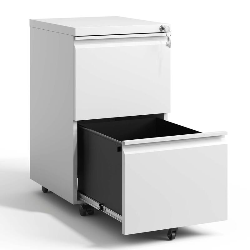 Modern Filing Cabinet Mobile Filing Cabinet, Metal Filing Cabinet with 2 drawers, 5 casters and lock, for Home Office, White