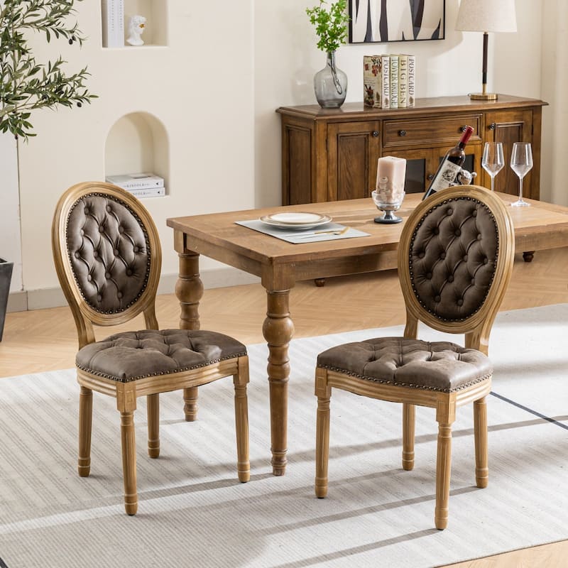 Dining Chair with Nailhead Trim Solid Wood Frame Antique Painting Style Set of 2 - as picture - Brown
