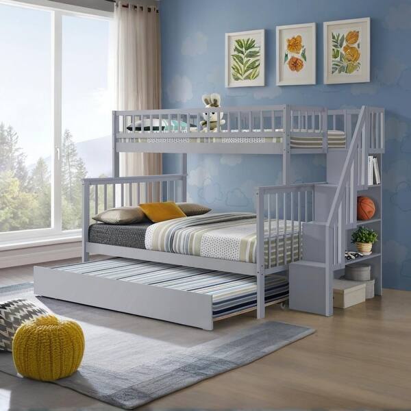 slide 2 of 11, Wooden Twin/Full Stairway Bunk Bed with Trundle,Grey Grey