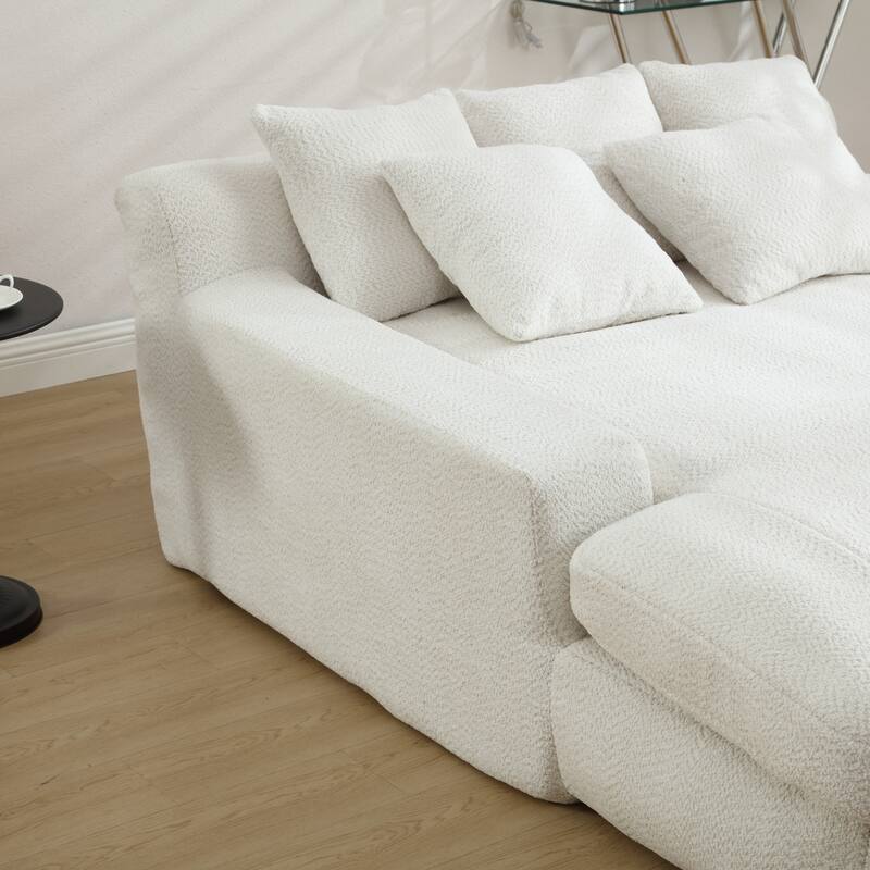 2-seater Lazy Sofa Bed with 5 Back Pillows, White Chenille for Living Room