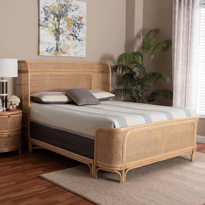 Fiore Natural Rattan Bed Frame - Handwoven Wicker Headboard and Footboard with Curved Corners, Boho Coastal Furniture, Queen