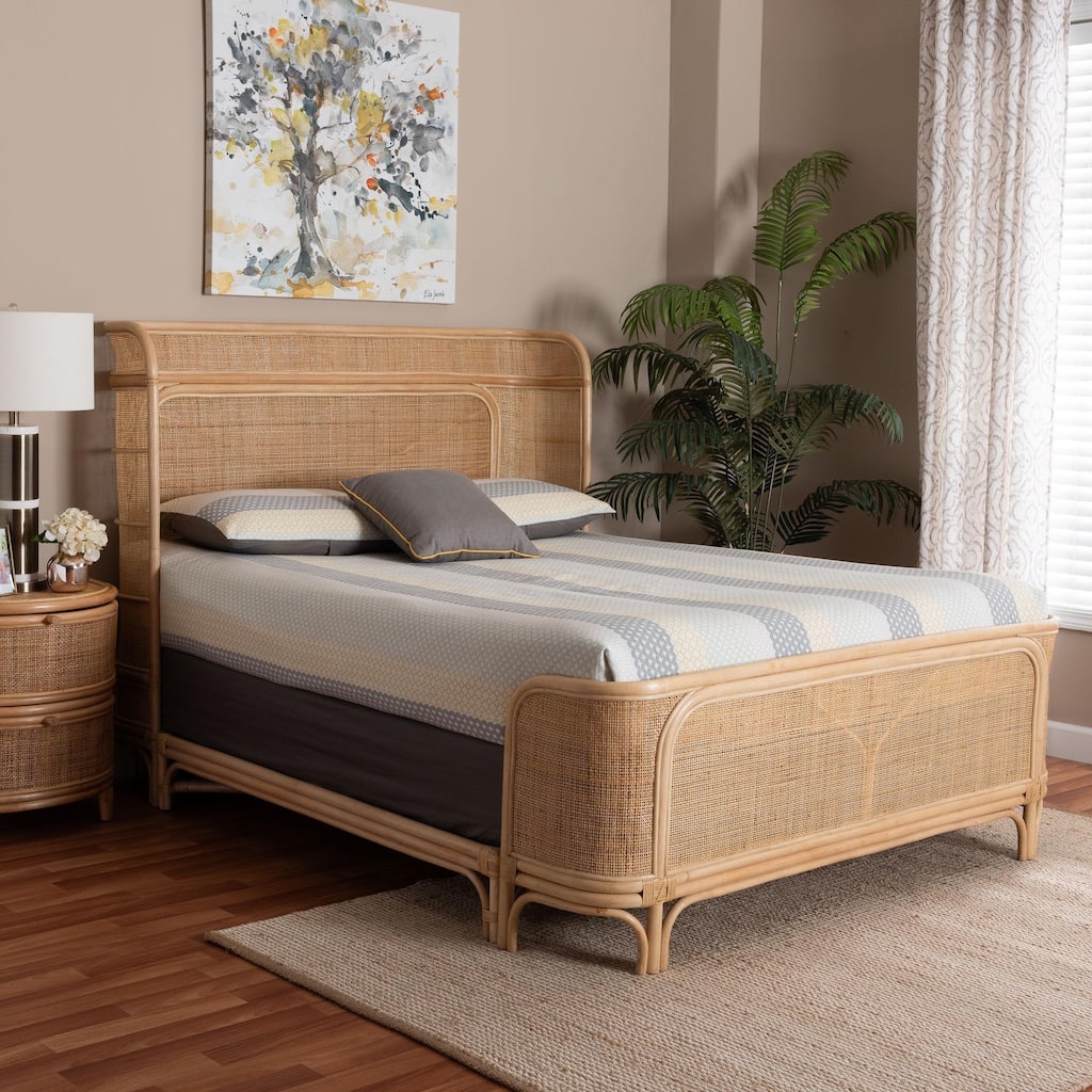 Fiore Natural Rattan Bed Frame - Handwoven Wicker Headboard and Footboard with Curved Corners, Boho Coastal Furniture, Queen
