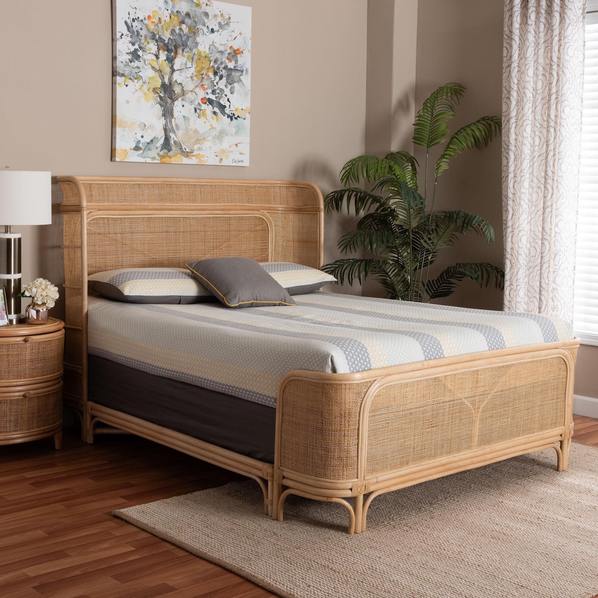 Fiore Natural Rattan Bed Frame - Handwoven Wicker Headboard and Footboard with Curved Corners, Boho Coastal Furniture, Queen