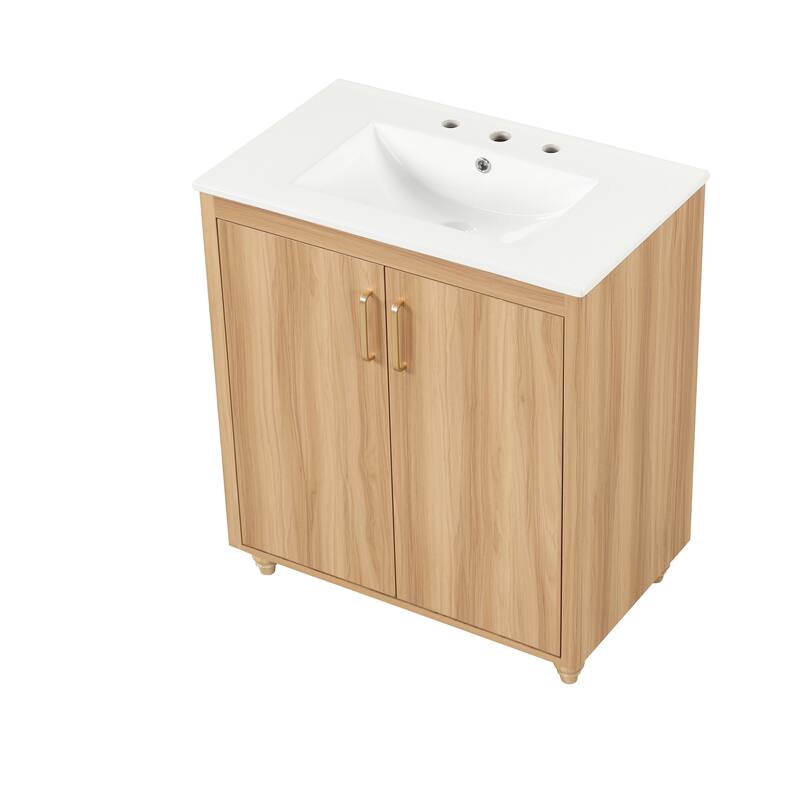 30" Bathroom Vanity, Center Rectangular Ceramic Sink Bathroom Cabinet, Natural - 30 Inch