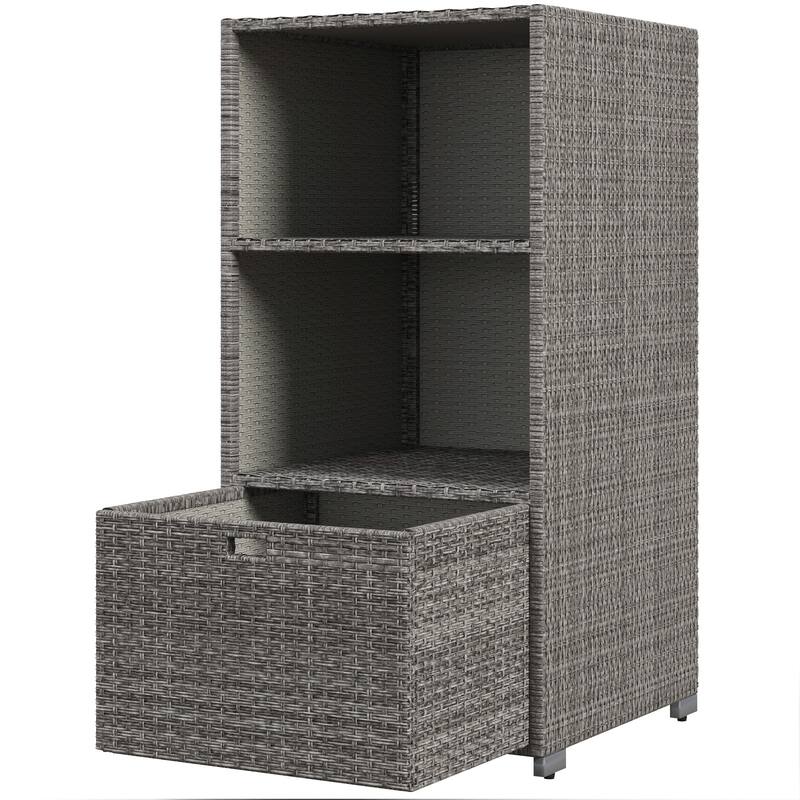 Pool Towel Rack Plastic Rattan Storage Organizer Waterproof Storage Organizer with 2 Shelves and Basket Drawer for Spa Pool