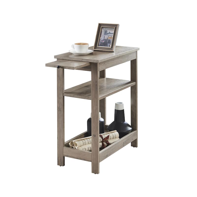 Slim Wood Side End Table with Storage Shelves & Pull-Out Tray, Nightstand for Bedroom, Living Room - 20"L x 11"W x 24"H