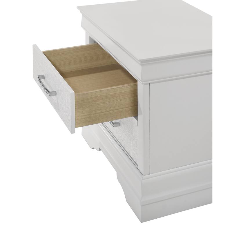 Modern Glam White Nightstand with Crystal Diamond Tufted Texture & 2 Drawers