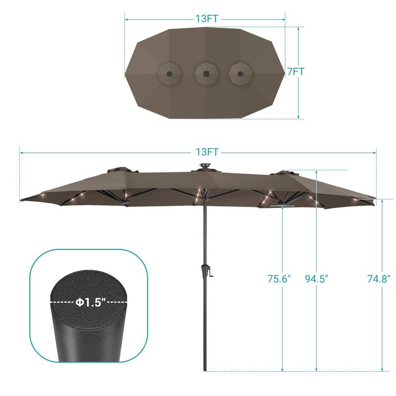 BONOSUKI 13 x 7.2ft Solar-Powered LED Double-Sided Patio Umbrella with Large Canopy Outdoor Table Umbrella for Garden, Navy Blue