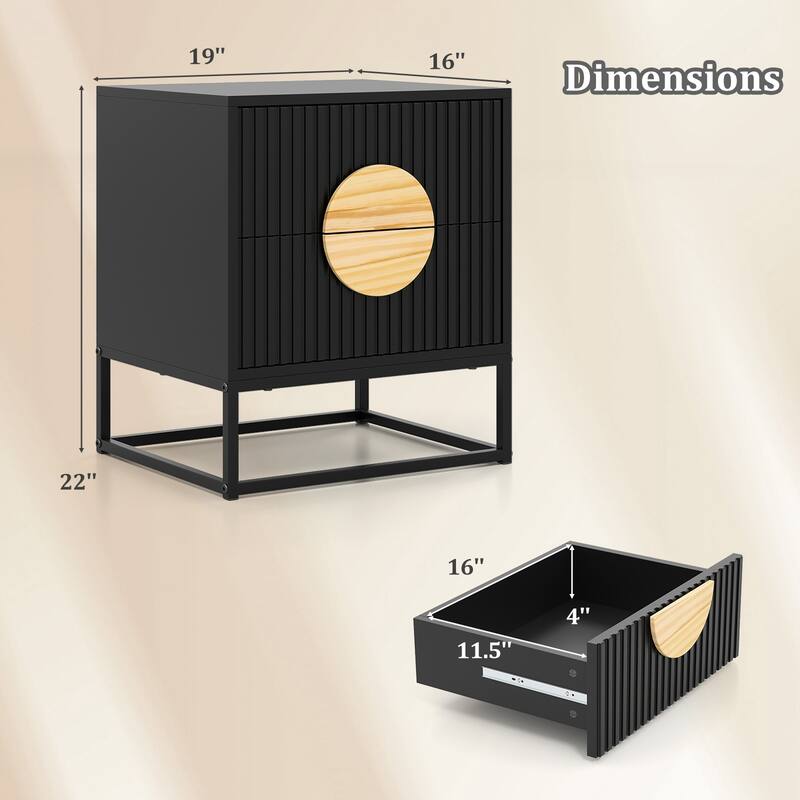 Modern Wooden Fluted Nightstand with 2 Storage Drawers and Metal Base for Bedroom