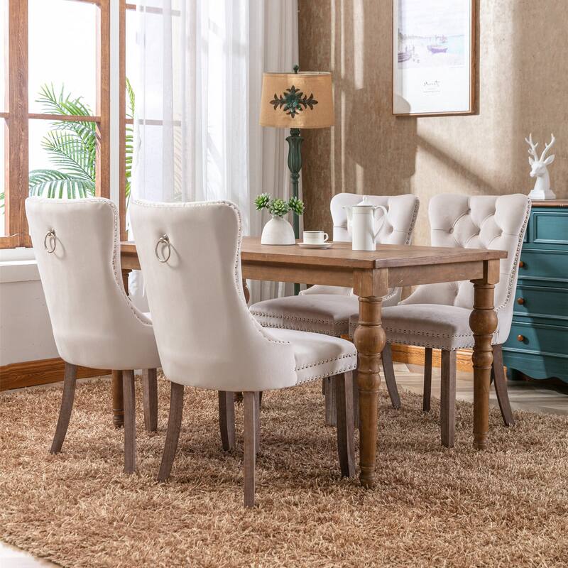 Velvet Dining Chairs Set of 2, Tufted Upholstered Side Chair, Dining Room Chair with Back Ring Pull Trim & Solid Wood Legs