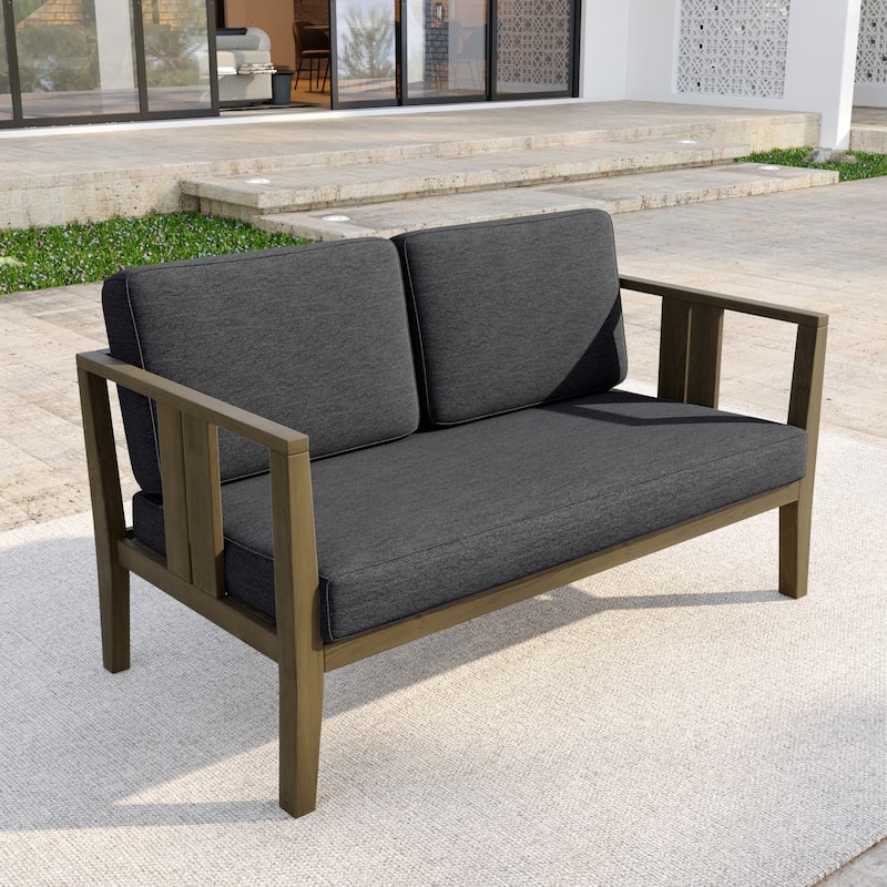 Casual Teak Wood Outdoor Patio Loveseat with Cushions