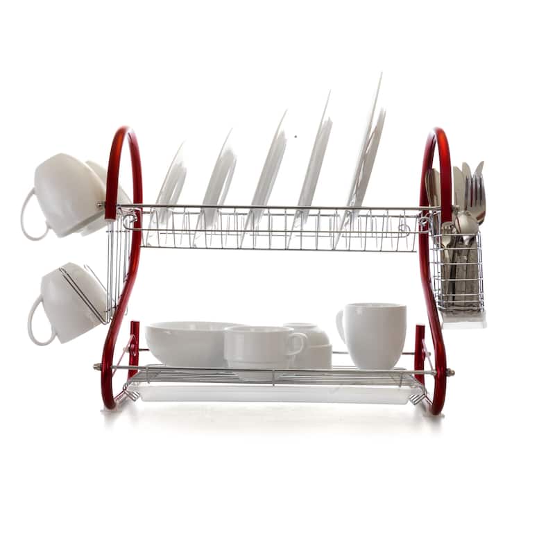 Space-Saving 16 Inch Dual Shelf Countertop Dish Rack in Red
