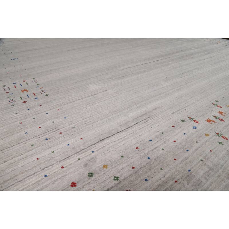 Silver Gray Striped Gabbeh Oriental Area Rug Hand-Knotted Silk Carpet - 9'3" x 11'7"