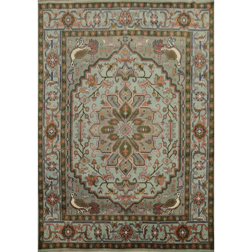 Hand Knotted Oriental 100% Wool Carpet Transitional Floral Navy Blue & Blues Oushak Area Rug - 9' 9'' X 7' 11''