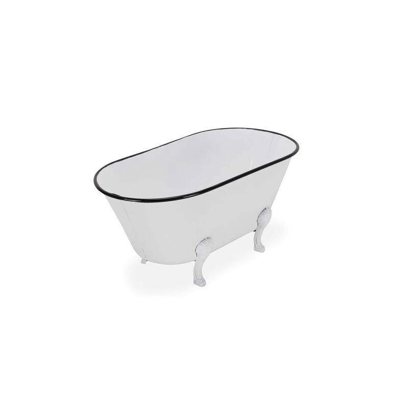 HomeRoots 9" White White And Black Metal Hand Painted Decorative Tub - 20.00 in. x 9.00 in. x 11.00 in.