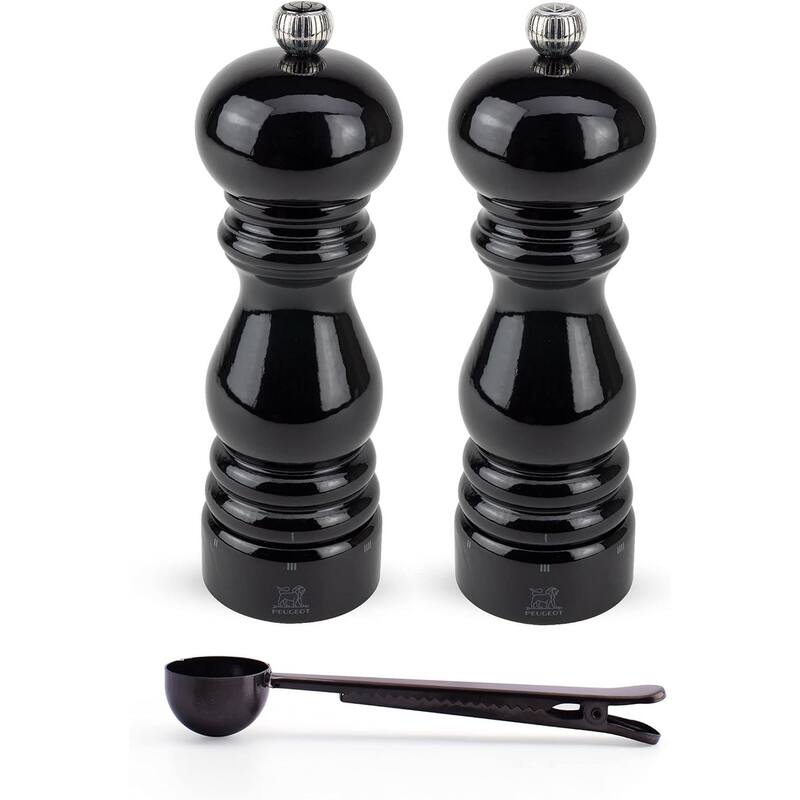 Peugeot Paris u'Select Salt & Pepper mill, Gift Set, Black Lacquer - With Stainless Steel Spice Scoop/Bag Clip (7 Inch) - Black - 3 Piece