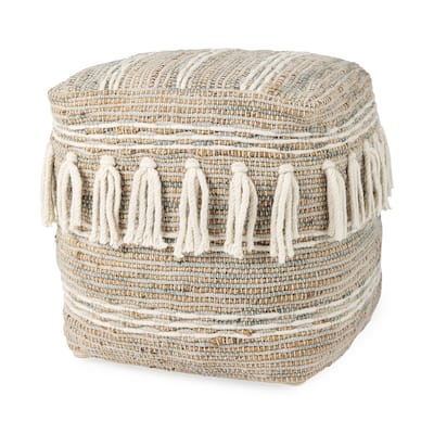 Mercana "Avni" Cream / Brown Hemp & Wool Fringed Square Pouf