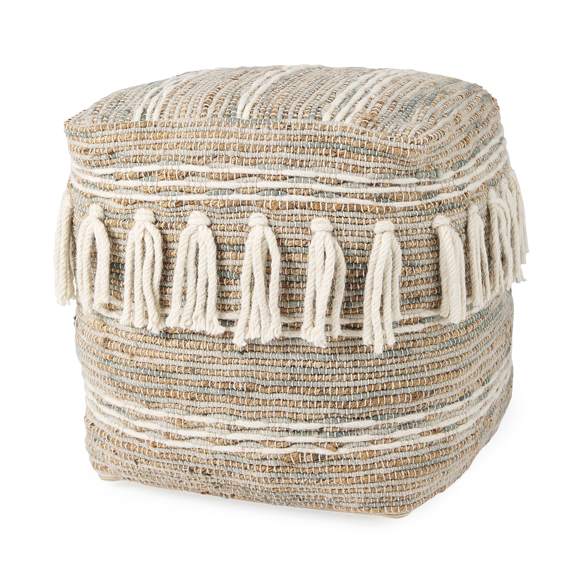 Mercana "Avni" Cream / Brown Hemp & Wool Fringed Square Pouf