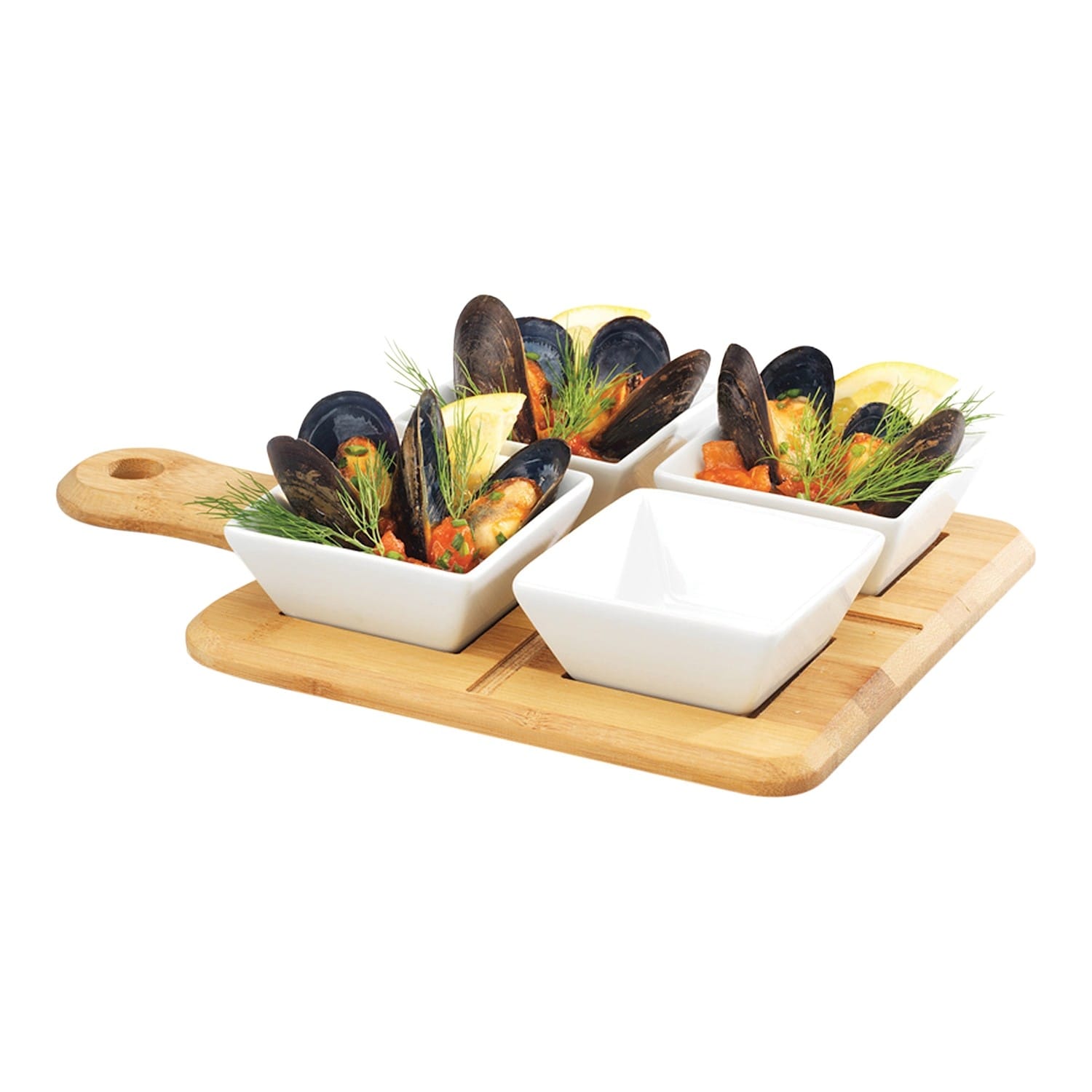 Home Essentials Tapas Serving Set - Square Bamboo Paddle Appetizer Tray  with 4 Porcelain Bowls - White Ramekin Set - Bed Bath & Beyond - 30397561