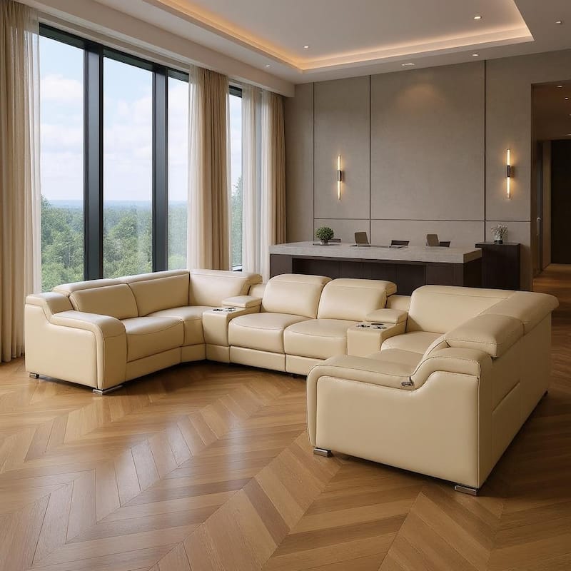 HomeRoots Beige Italian Leather Power Reclining U Shaped Eight Piece Corner Sectional With Console - Symmetrical - Beige
