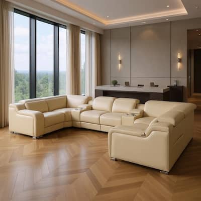 HomeRoots Beige Italian Leather Power Reclining U Shaped Eight Piece Corner Sectional With Console
