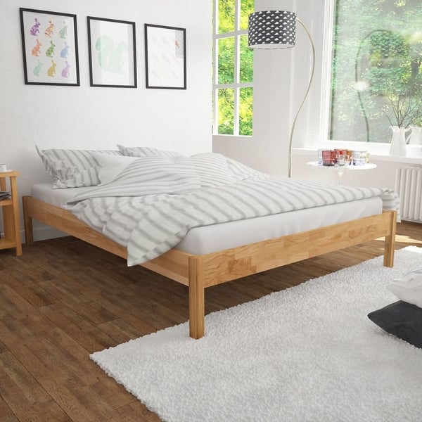 Vidaxl Solid Oak All Wood Double Bed Frame Bedroom Furniture Vidaxl Solid Oak All Wood Double Bed Frame Bedroom Furniture Lacquer Finish