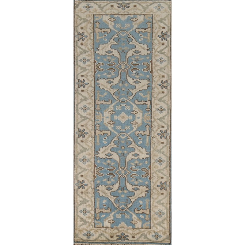 Light Blue Transitional Oushak Indian Runner Rug Handmade Wool Carpet - 2'5"x 7'9"